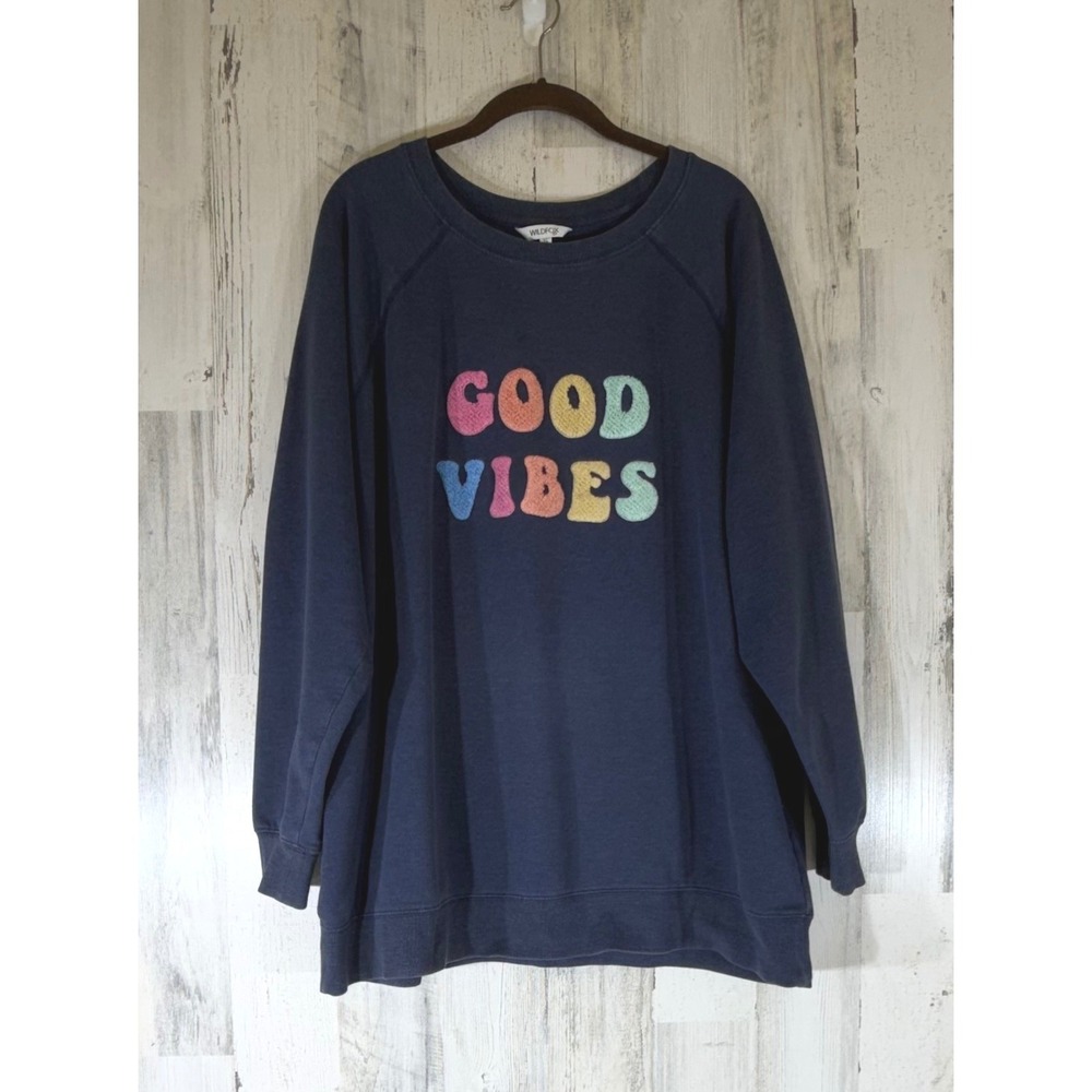 Wildfox Sweatshirt XL Heathered Blue Good Vibes Puffy Patch Raglan Pullover